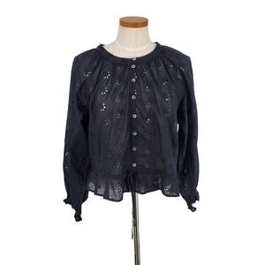 Outerknown Poet Blouse Women Large Black 100% Organic Cotton Eyelet Button Front